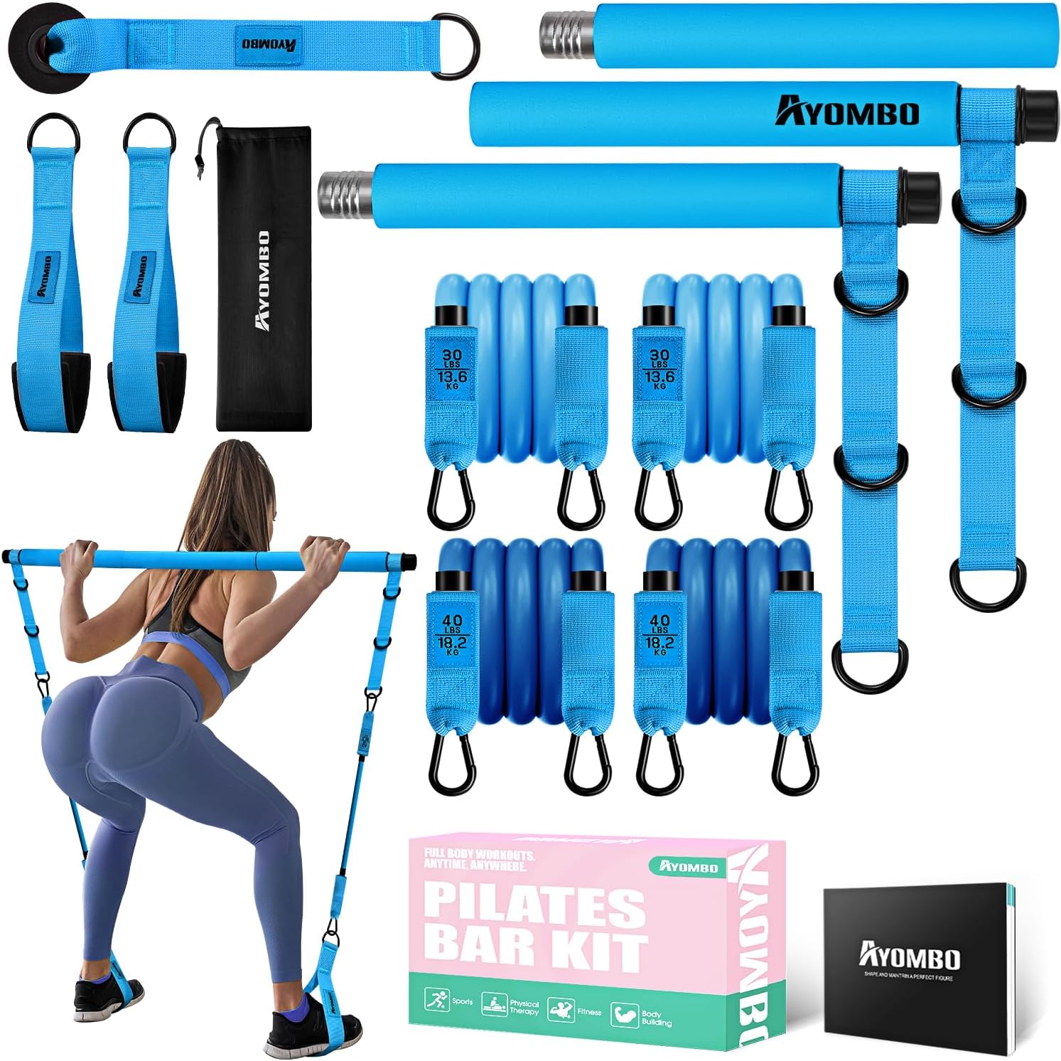 Kit de barra de pilates desmontable con bandas de resistencia ajustables de 30 y 40 libras para ejercicios de piernas y glúteos en casa.