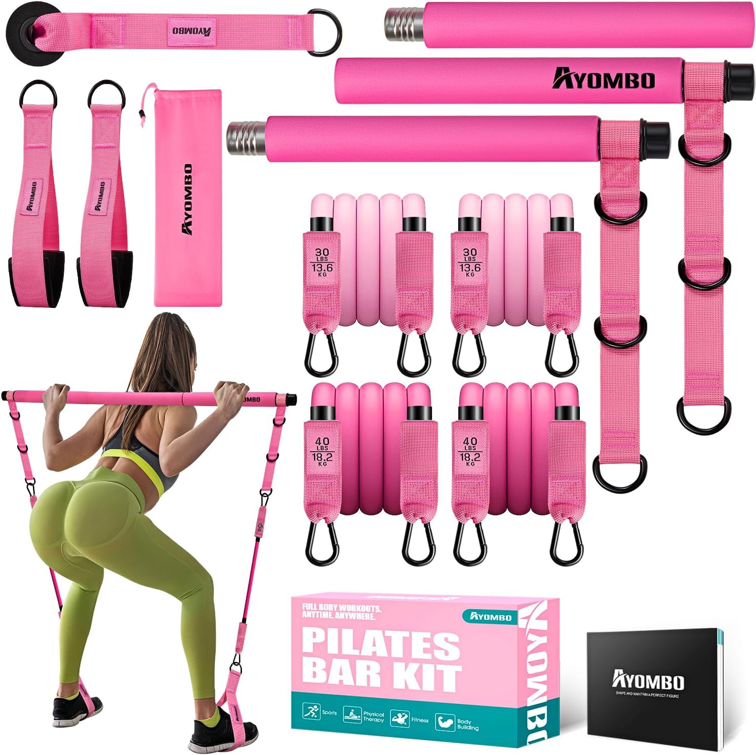 Kit de barra de pilates desmontable con bandas de resistencia ajustables de 30 y 40 libras para ejercicios de piernas y glúteos en casa.