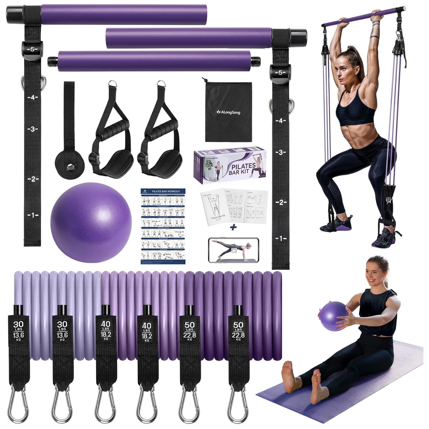 Kit de barra de pilates de acero inoxidable con bandas de resistencia de látex y pelota de yoga para entrenamiento en casa.
