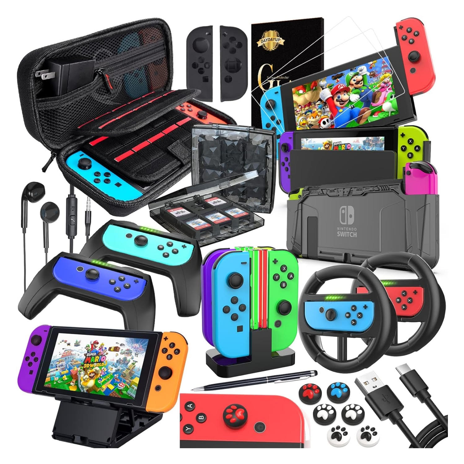 Kit completo 18 en 1 de accesorios para Nintendo Switch incluye bolso cargador joycon laminas volantes y carcasa protectora