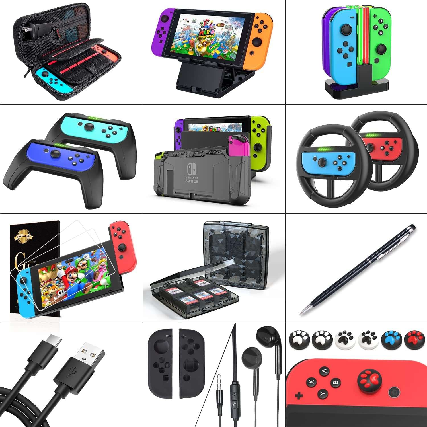 Kit completo 18 en 1 de accesorios para Nintendo Switch incluye bolso cargador joycon laminas volantes y carcasa protectora