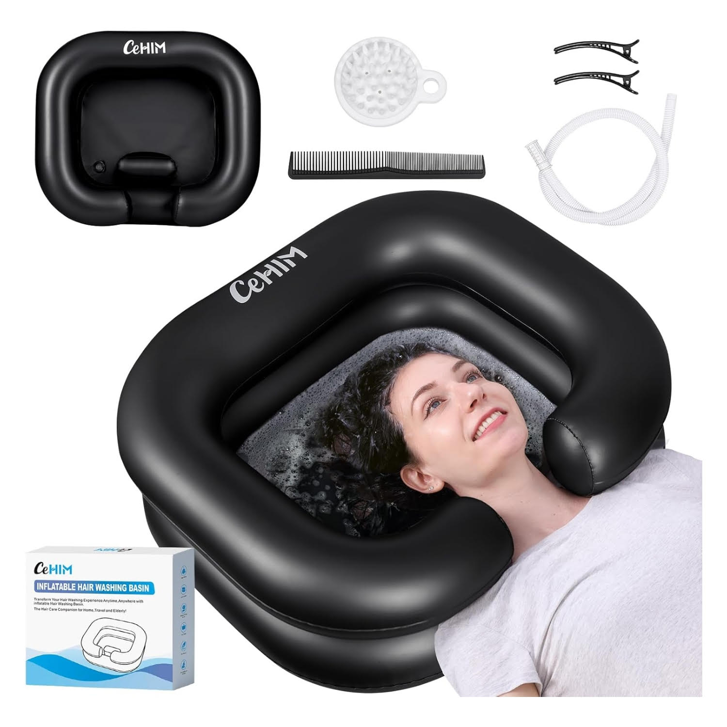 Lavapelos inflable verde para lavar el cabello en cama a personas postradas o adultos mayores incluye accesorios