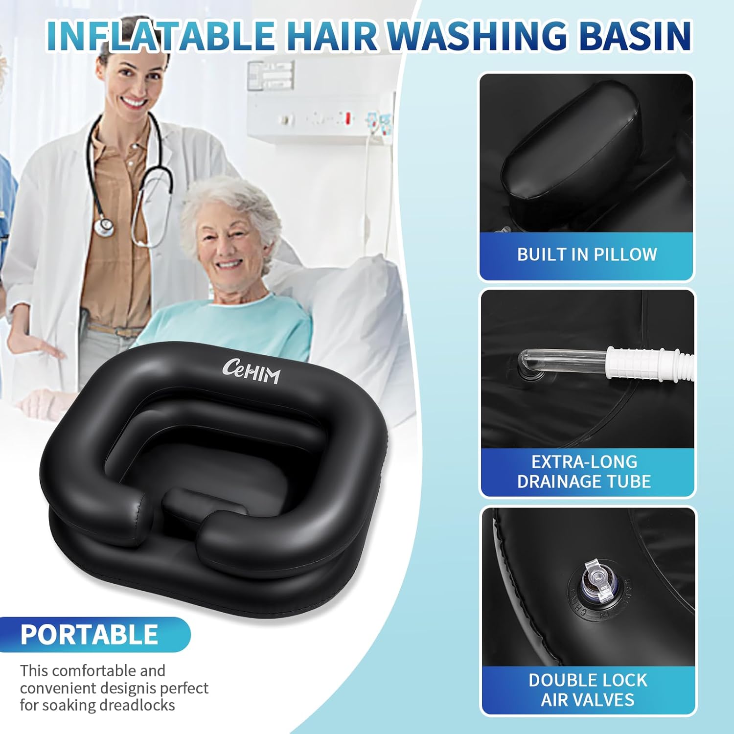 Lavapelos inflable verde para lavar el cabello en cama a personas postradas o adultos mayores incluye accesorios