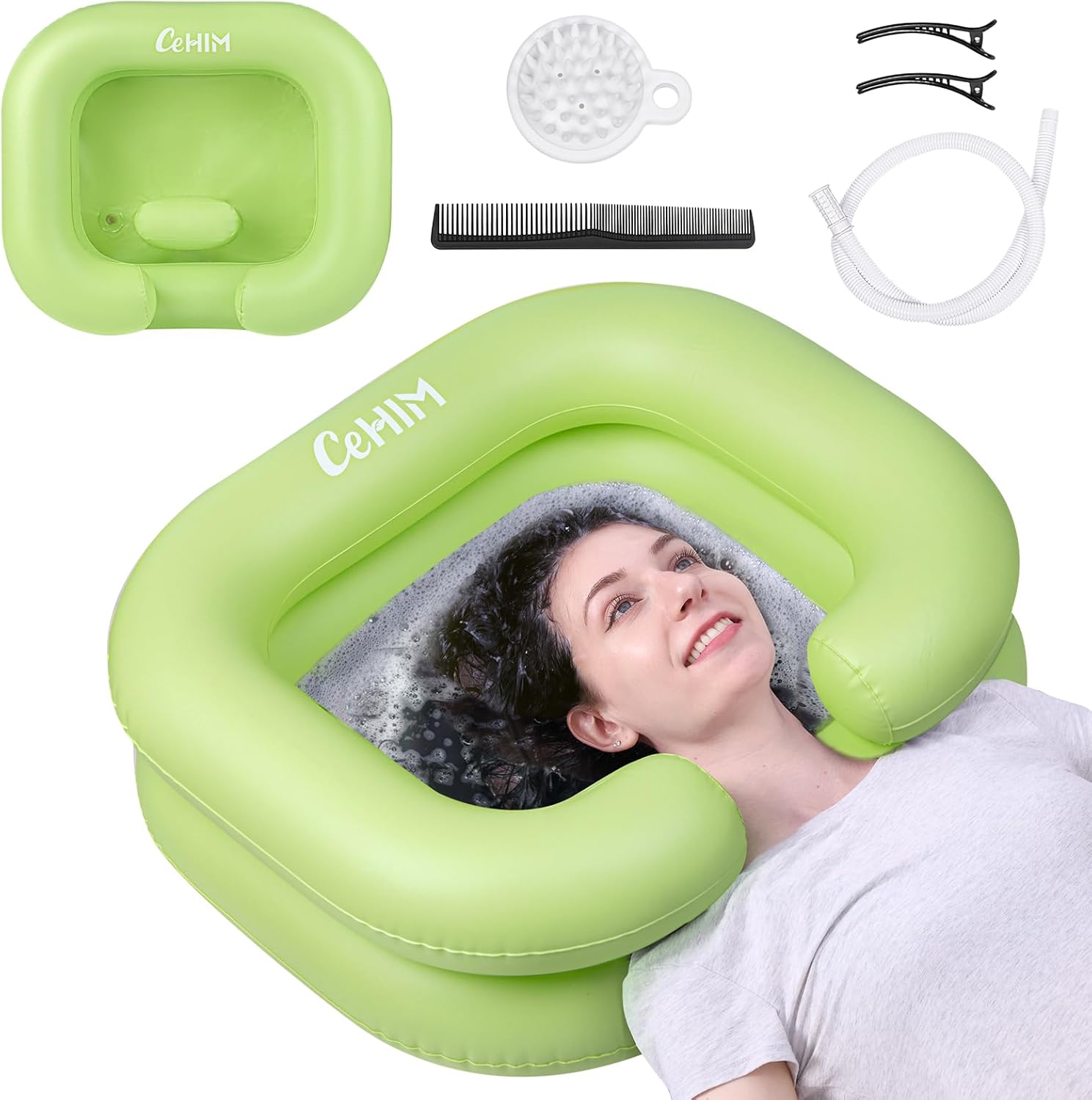 Lavapelos inflable verde para lavar el cabello en cama a personas postradas o adultos mayores incluye accesorios