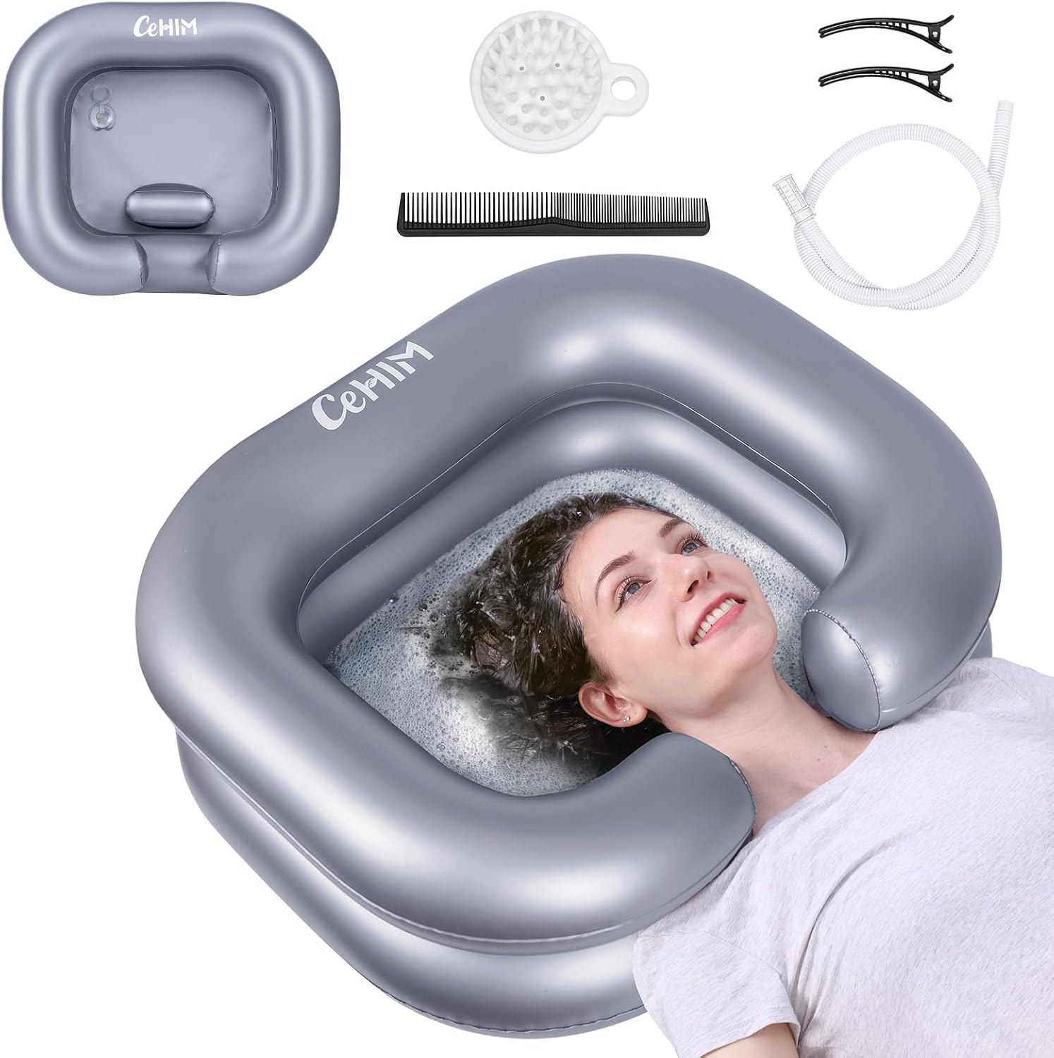 Lavapelos inflable verde para lavar el cabello en cama a personas postradas o adultos mayores incluye accesorios