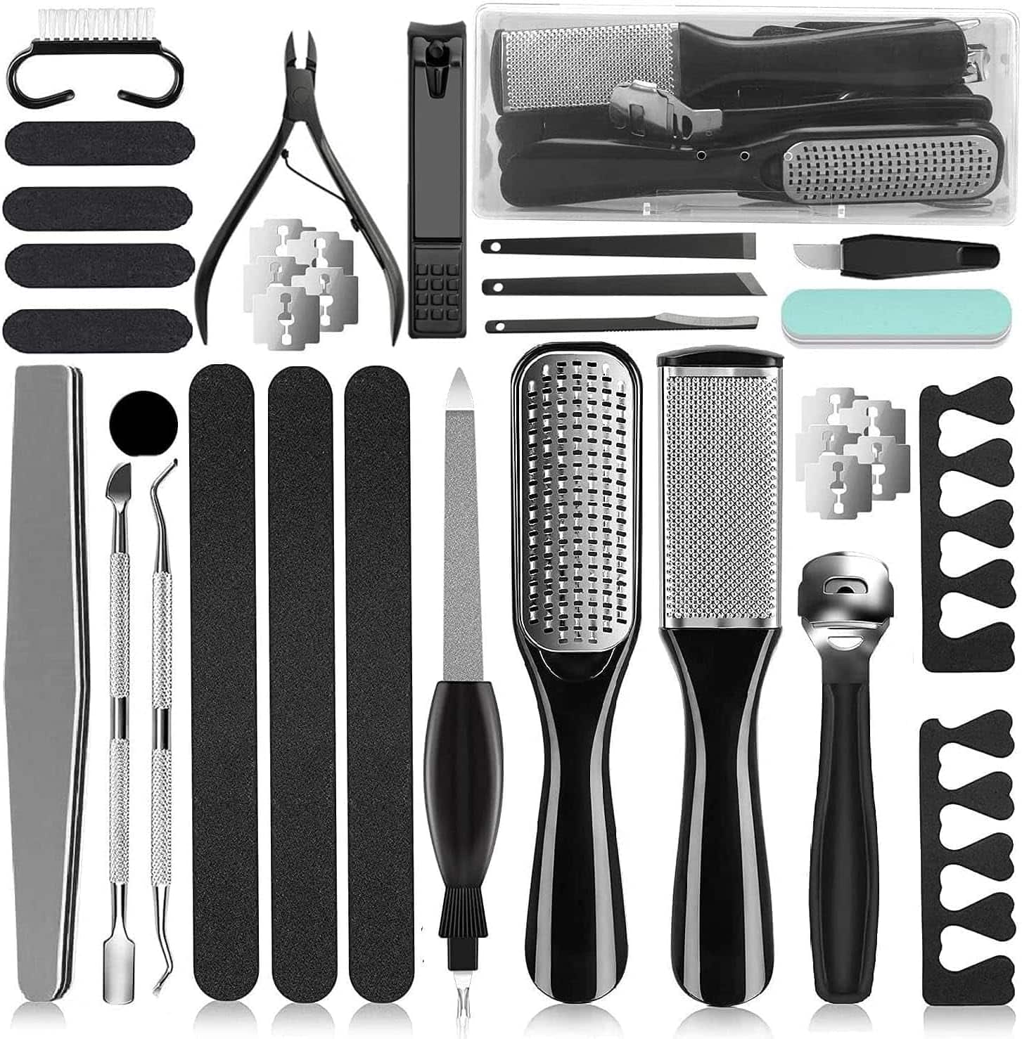 Kit de pedicura profesional con 36 herramientas de acero inoxidable para eliminar callos y cortar uñas con estuche.