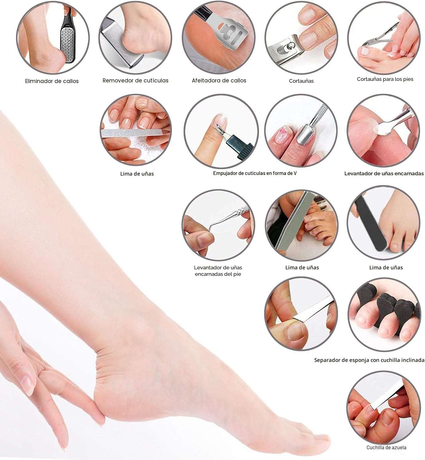 Kit de pedicura profesional con 36 herramientas de acero inoxidable para eliminar callos y cortar uñas con estuche.