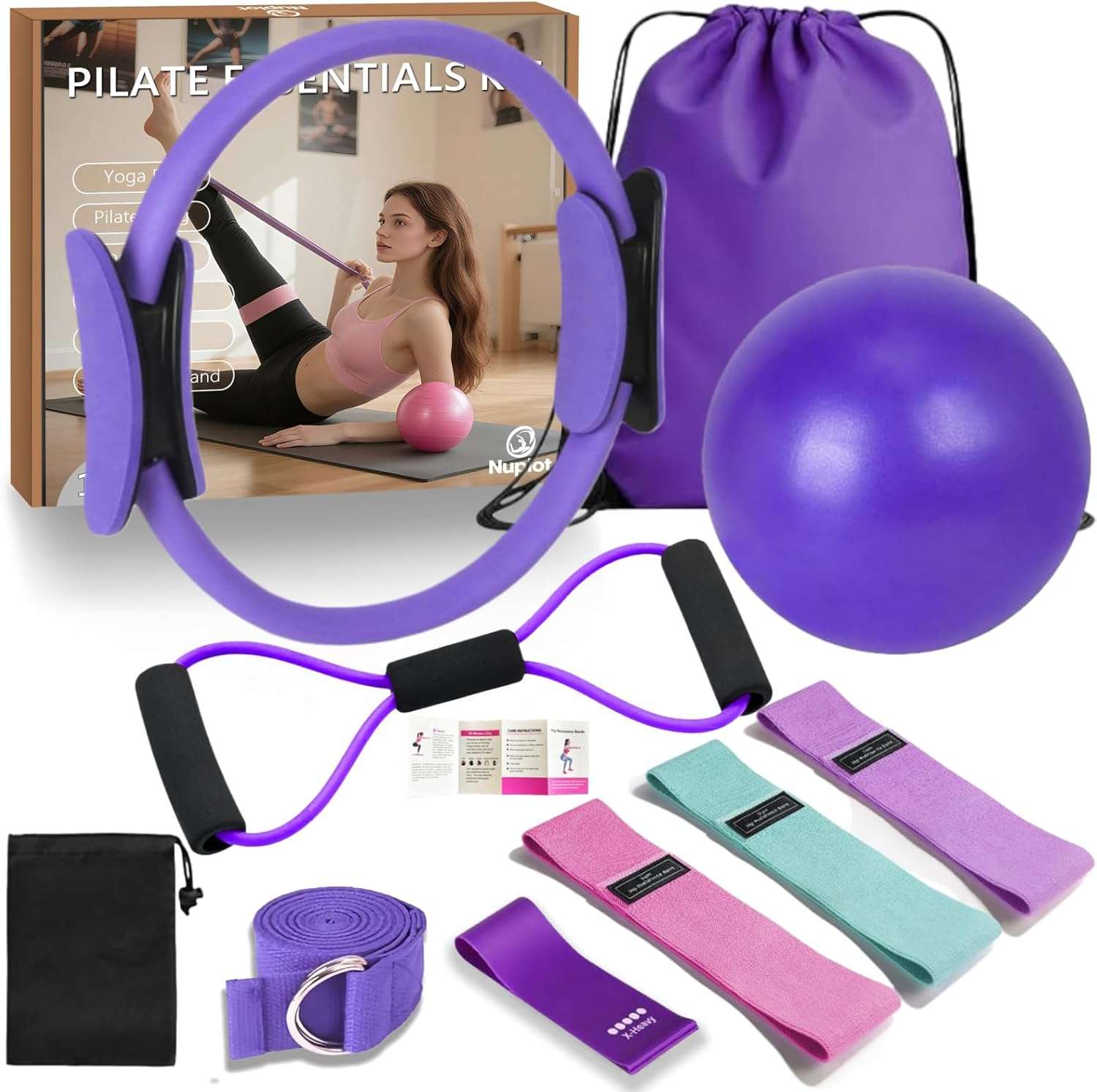 Kit de pilates y yoga 6 en 1 con anillo mágico pelota pequeña y bandas elásticas para mujer.