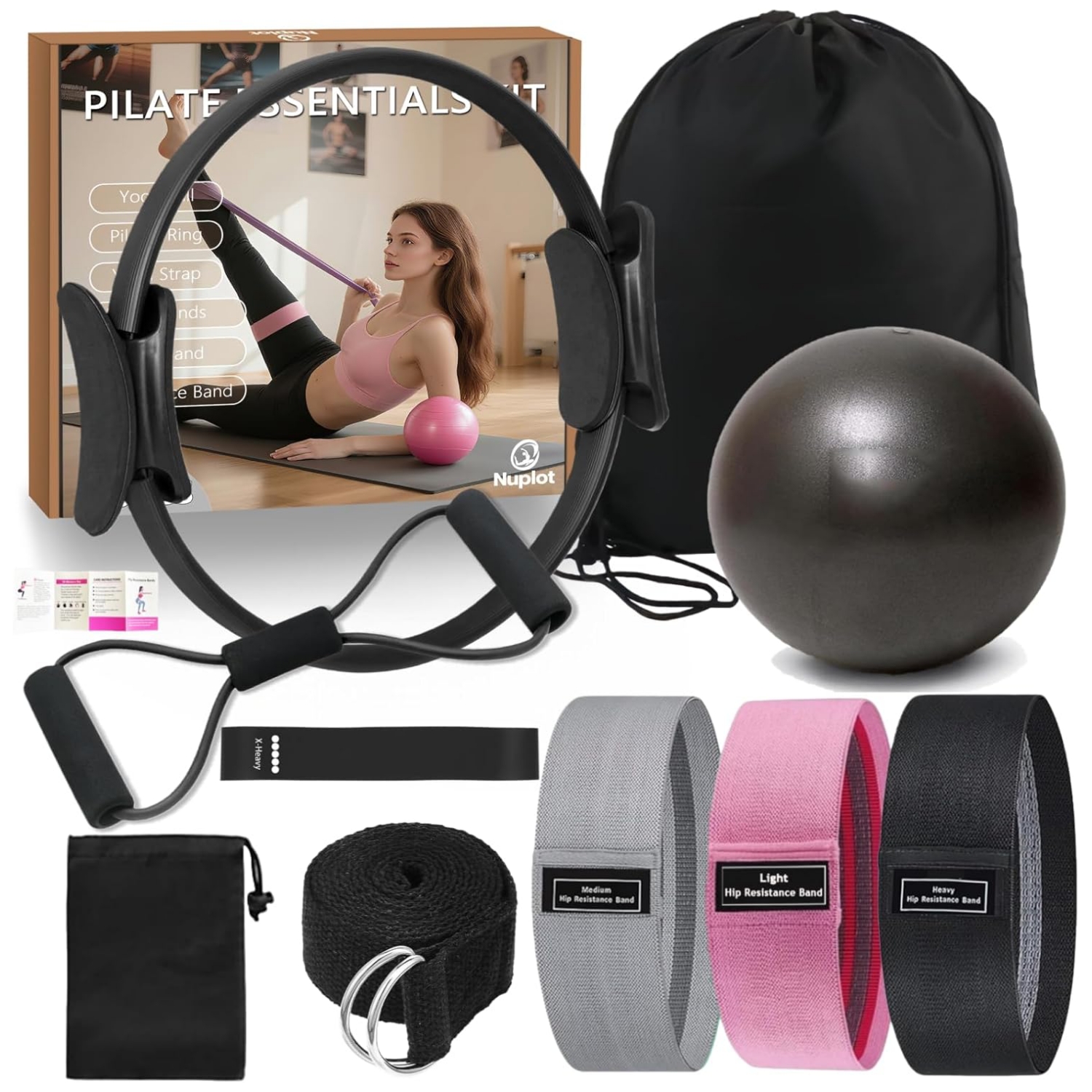 Kit de pilates y yoga 6 en 1 con anillo mágico pelota pequeña y bandas elásticas para mujer.