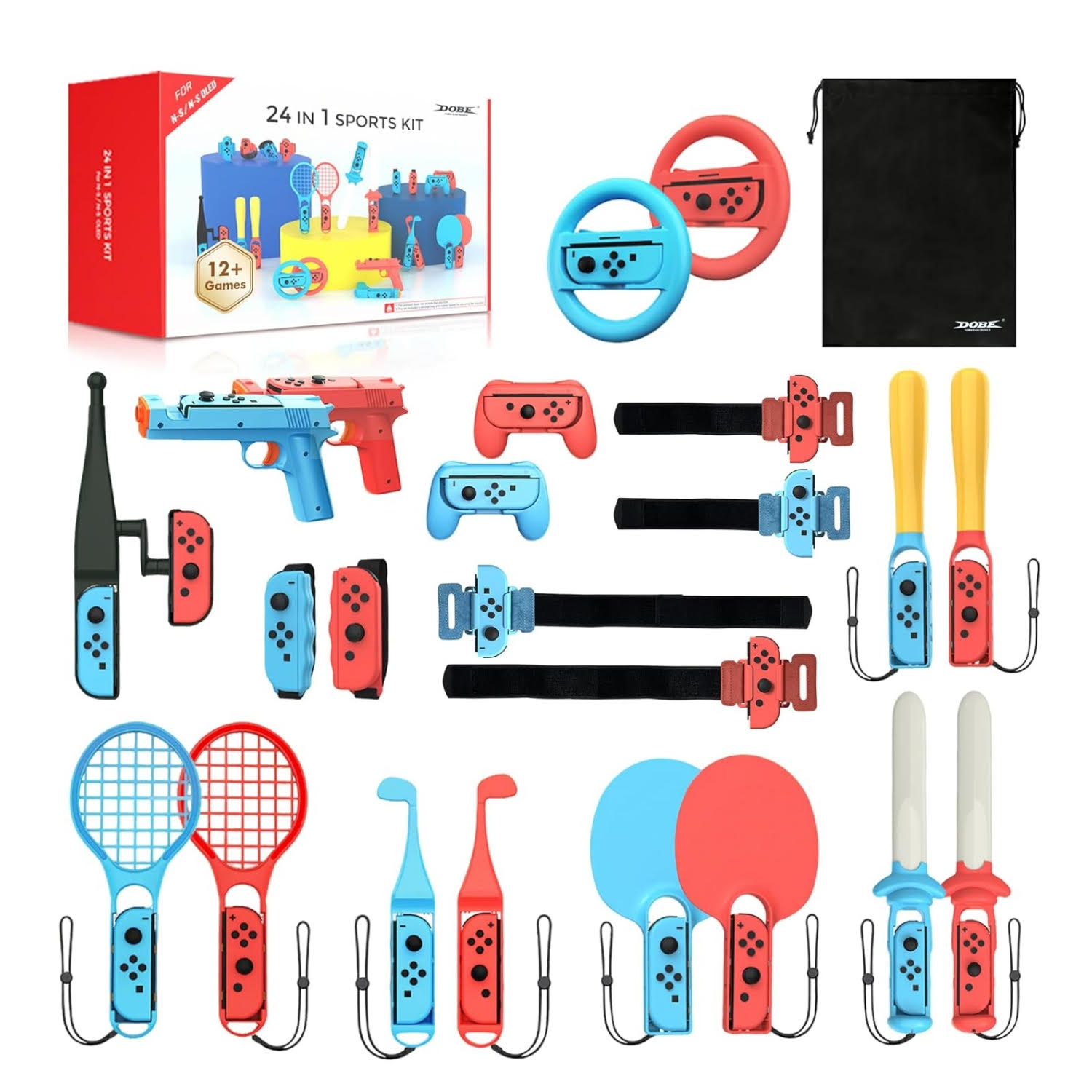 Mega kit de accesorios deportivos 24 en 1 para Nintendo Switch Oled incluye bolso espadas volantes y raquetas para jugar en familia