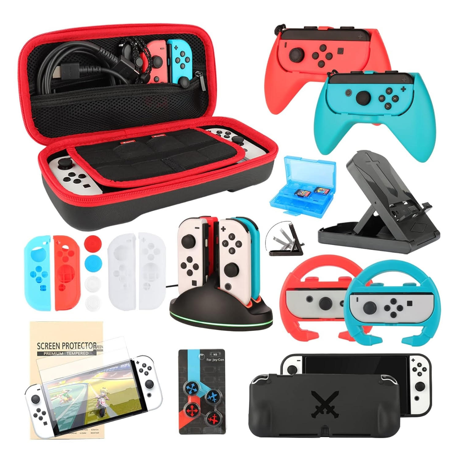 Mega kit 23 en 1 de accesorios para Nintendo Switch Oled incluye bolso base de carga laminas de 17.8 centimetros volantes y carcasa protectora