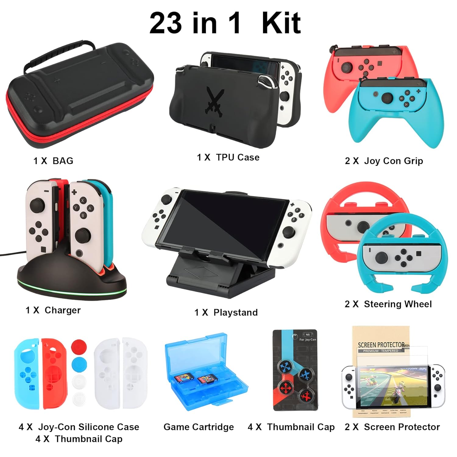 Mega kit 23 en 1 de accesorios para Nintendo Switch Oled incluye bolso base de carga laminas de 17.8 centimetros volantes y carcasa protectora