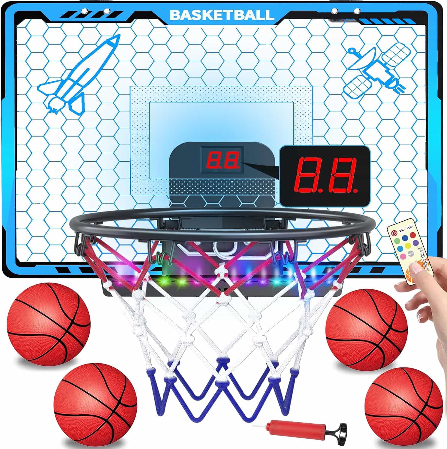 mini aro basquetbol puerta luces led marcador electronico 4 pelotas tablero infantil clavadas resorte regalo niño chile