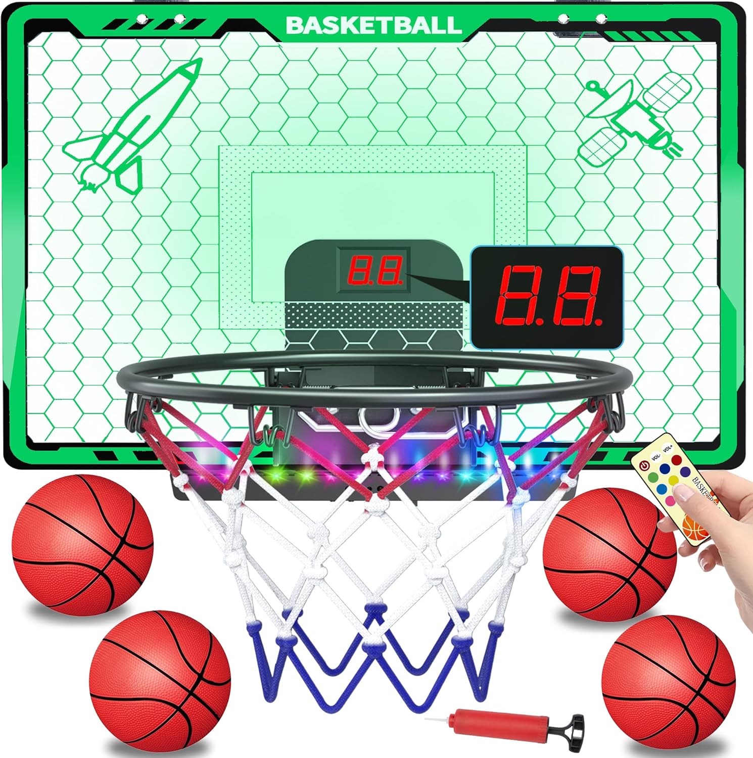 mini aro basquetbol puerta luces led marcador electronico 4 pelotas tablero infantil clavadas resorte regalo niño chile