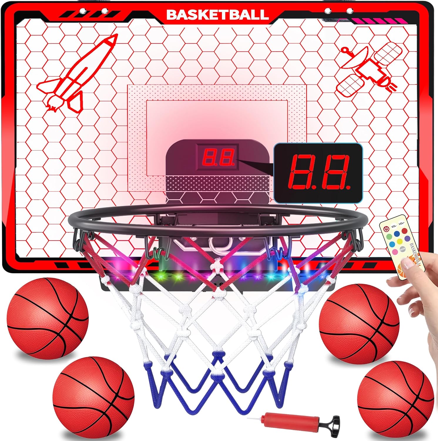 mini aro basquetbol puerta luces led marcador electronico 4 pelotas tablero infantil clavadas resorte regalo niño chile