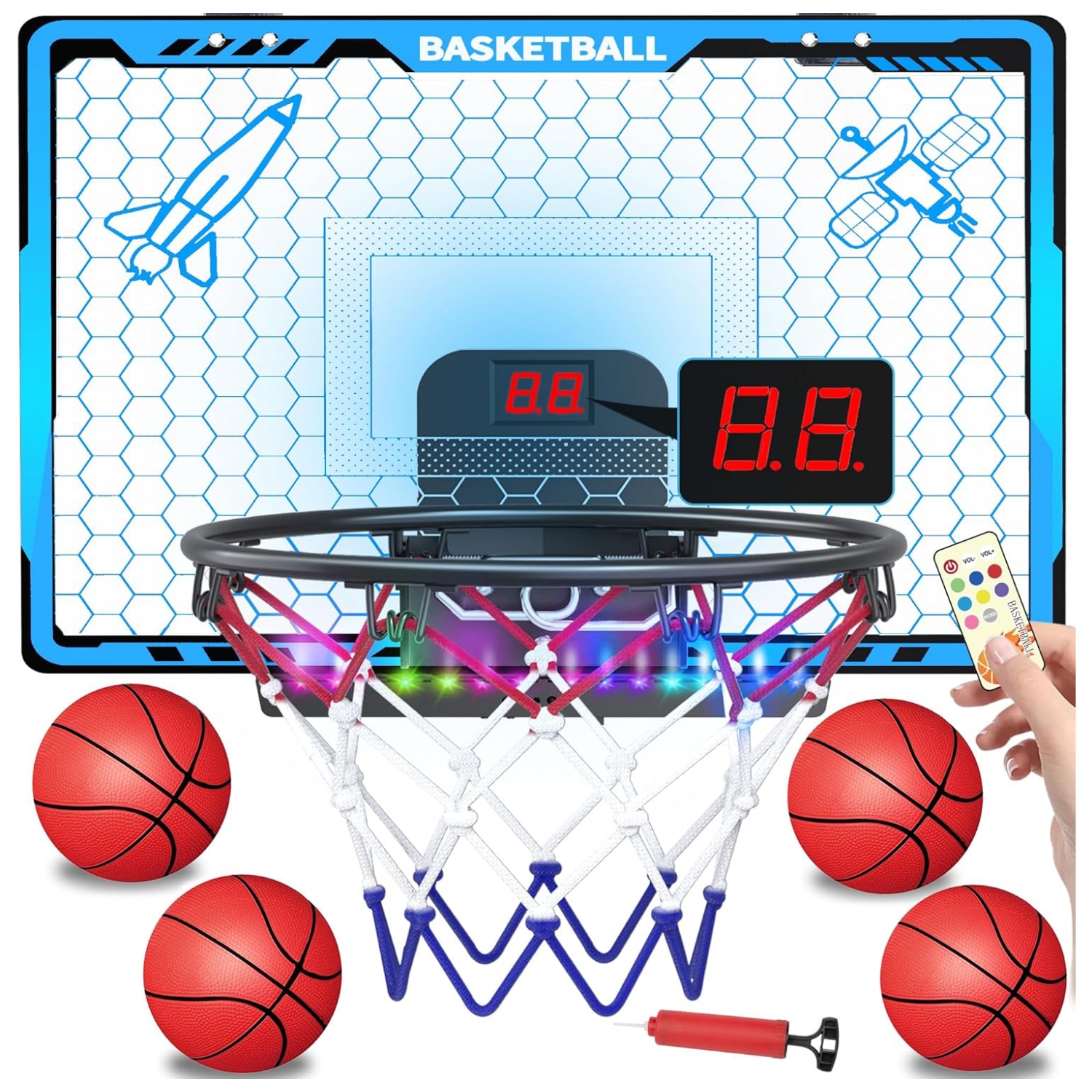 mini aro basquetbol puerta luces led marcador electronico 4 pelotas tablero infantil clavadas resorte regalo niño chile