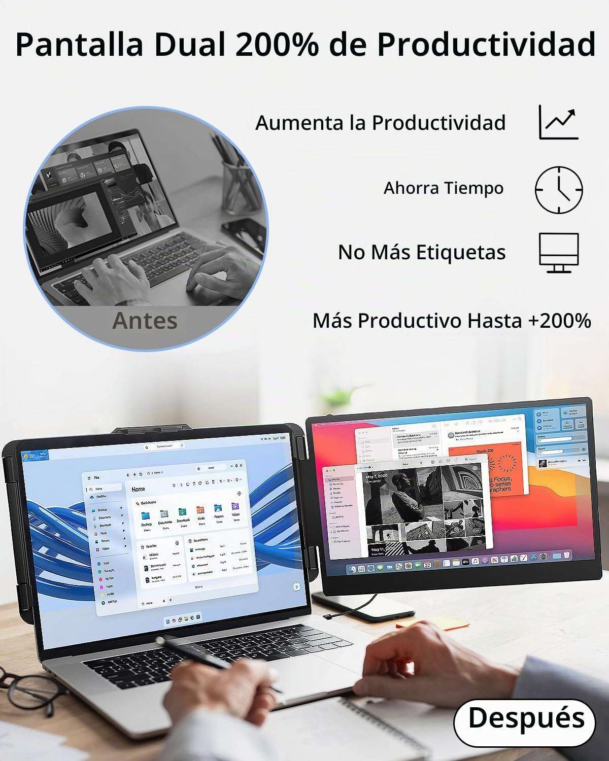 Extensor de pantalla para notebook monitor dual portatil de 35.5 centimetros conectado por usb c en chile