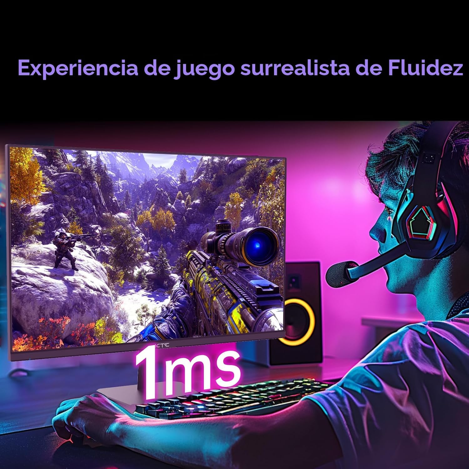 Monitor gamer de escritorio 24 pulgadas 190 Hertz 1 milisegundo panel IPS junto a un teclado y mouse.