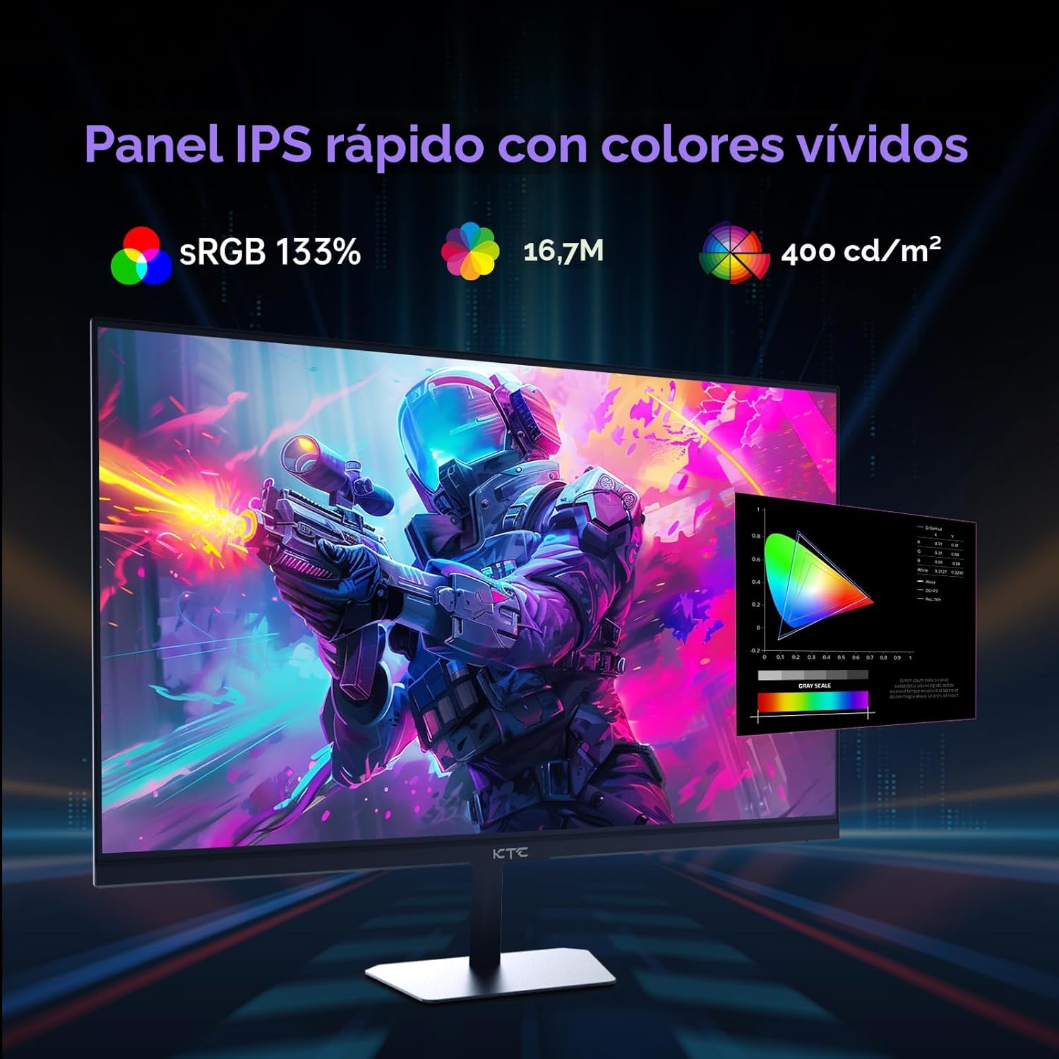 Monitor gamer de escritorio 24 pulgadas 190 Hertz 1 milisegundo panel IPS junto a un teclado y mouse.