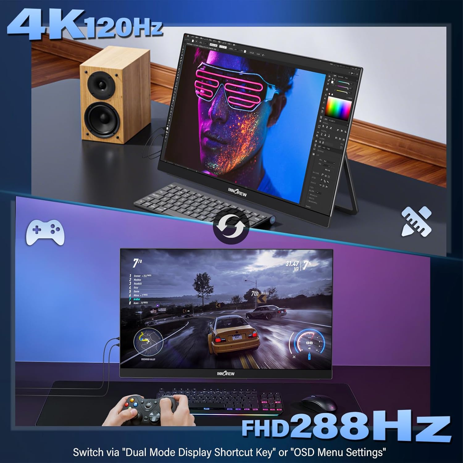 Monitor gamer dual de 68.5 centimetros resolucion 4k y 288hz con soporte de escritorio en chile