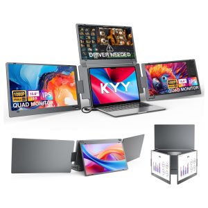 Monitor portatil de 3 pantallas de 15.6 pulgadas con soporte de aluminio independiente conectado a un notebook.