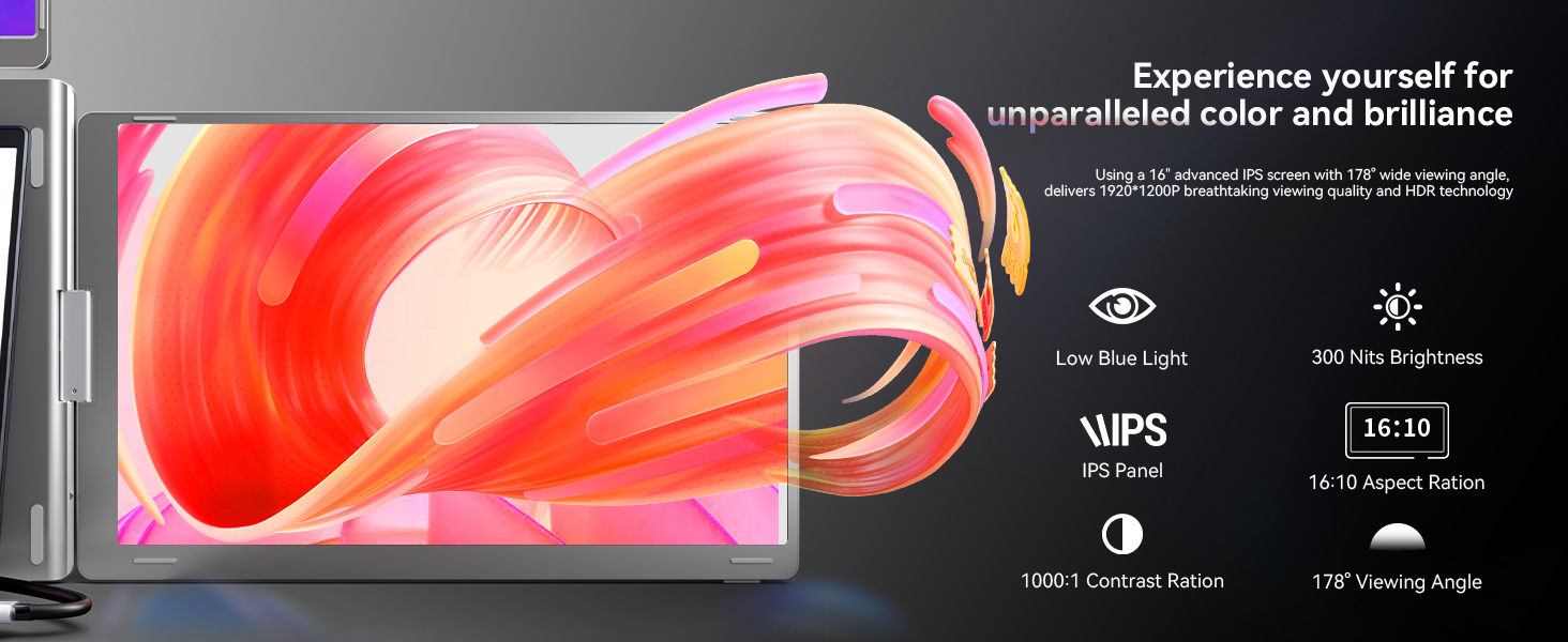 Monitor portatil de 3 pantallas de 16 pulgadas y resolucion 1200P conectado a un notebook en un escritorio.