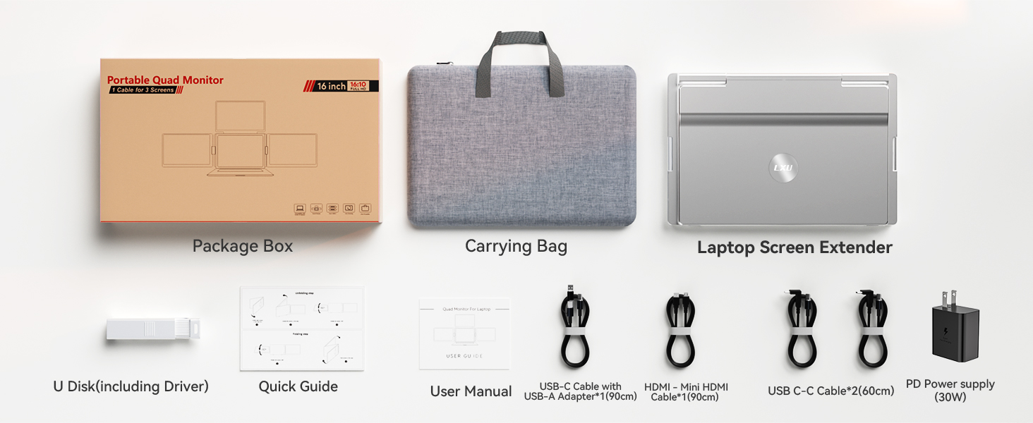 Monitor portatil de 3 pantallas de 16 pulgadas y resolucion 1200P conectado a un notebook en un escritorio.