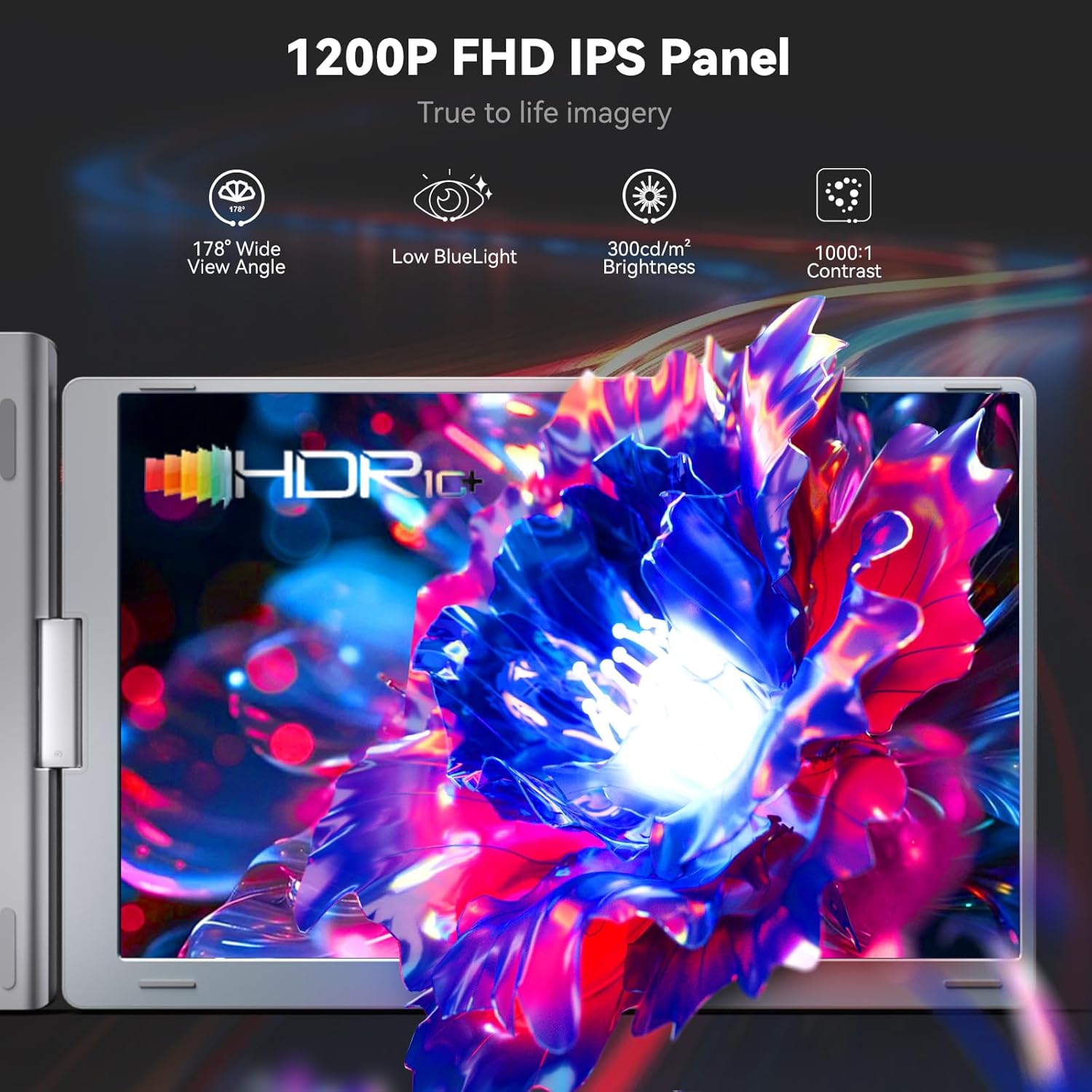 Monitor portatil de 3 pantallas de 16 pulgadas y resolucion 1200P conectado a un notebook en un escritorio.