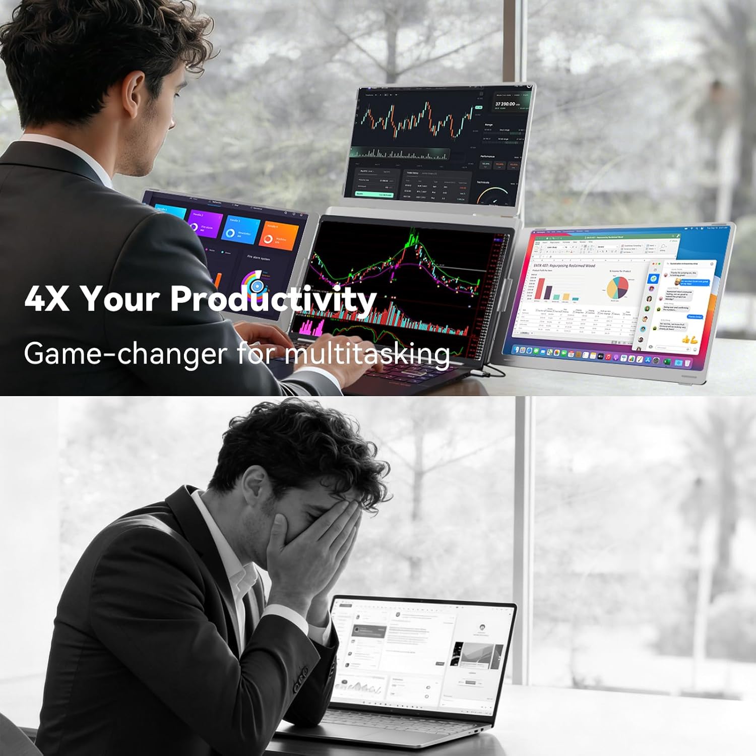 Monitor portatil de 3 pantallas de 16 pulgadas y resolucion 1200P conectado a un notebook en un escritorio.