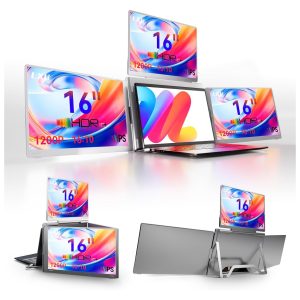 Monitor portatil de 3 pantallas de 16 pulgadas y resolucion 1200P conectado a un notebook en un escritorio.