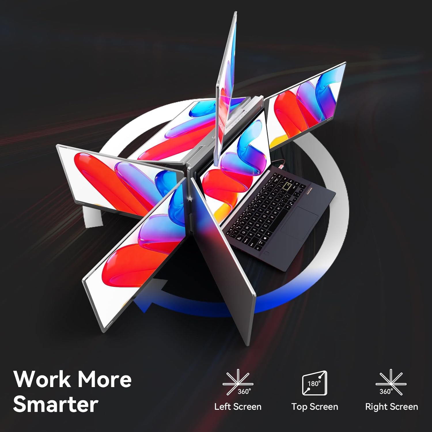 Monitor portatil de 3 pantallas de 16 pulgadas y resolucion 1200P conectado a un notebook en un escritorio.