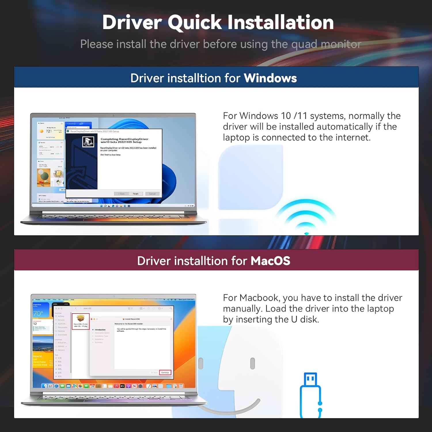 Monitor portatil de 3 pantallas de 16 pulgadas y resolucion 1200P conectado a un notebook en un escritorio.