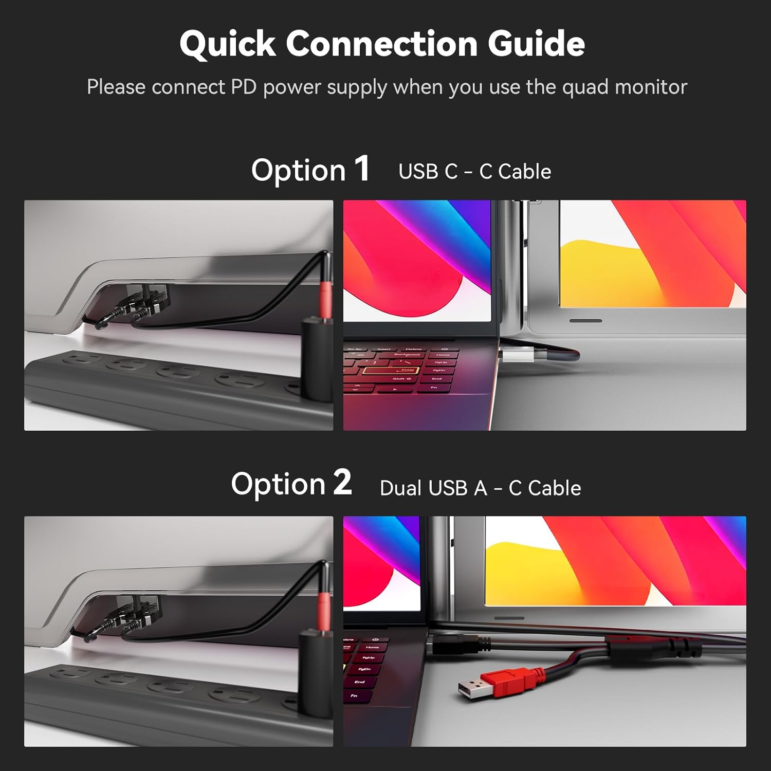 Monitor portatil de 3 pantallas de 16 pulgadas y resolucion 1200P conectado a un notebook en un escritorio.