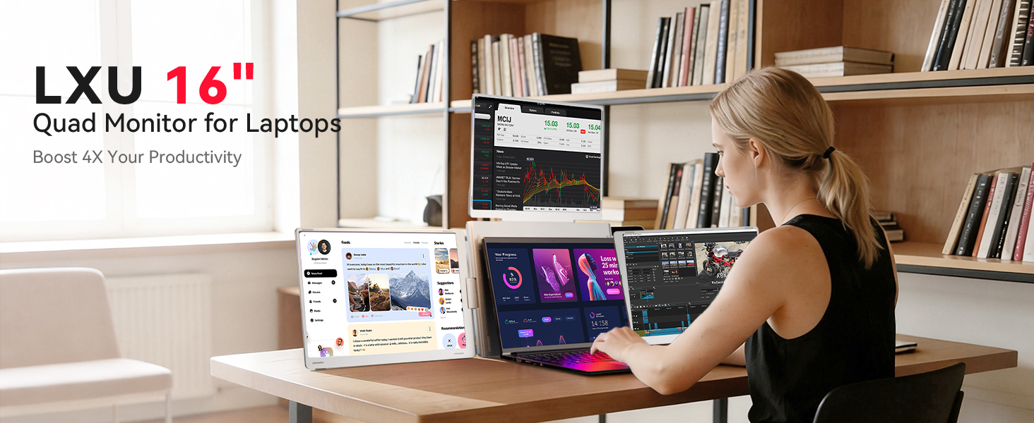 Monitor portatil de 3 pantallas de 16 pulgadas y resolucion 1200P conectado a un notebook en un escritorio.