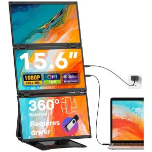 Monitor portatil de 3 pantallas combinable en 30 pulgadas conectado a un notebook en un escritorio.