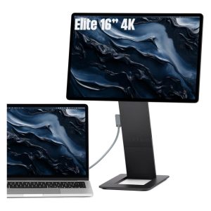 Monitor portatil 4K de 16 pulgadas de metal para notebook con lector de tarjetas SD en un escritorio de diseno.