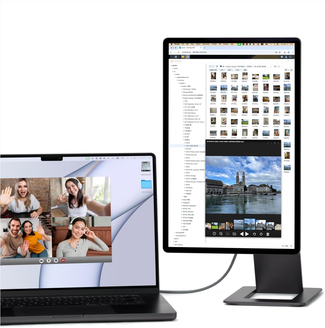 Monitor portatil 4K de 16 pulgadas de metal para notebook con lector de tarjetas SD en un escritorio de diseno.