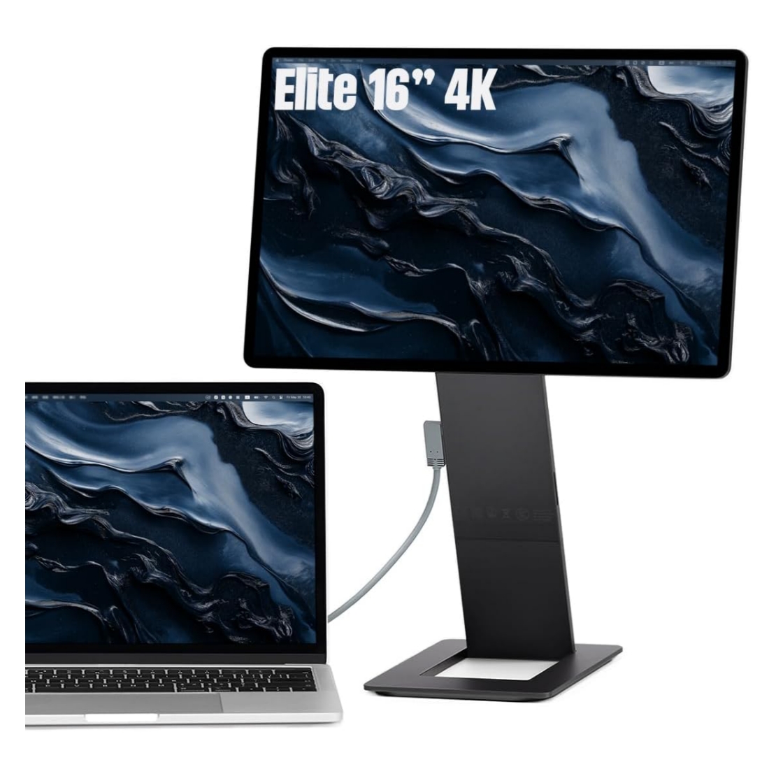 Monitor portatil 4K de 16 pulgadas de metal para notebook con lector de tarjetas SD en un escritorio de diseno.