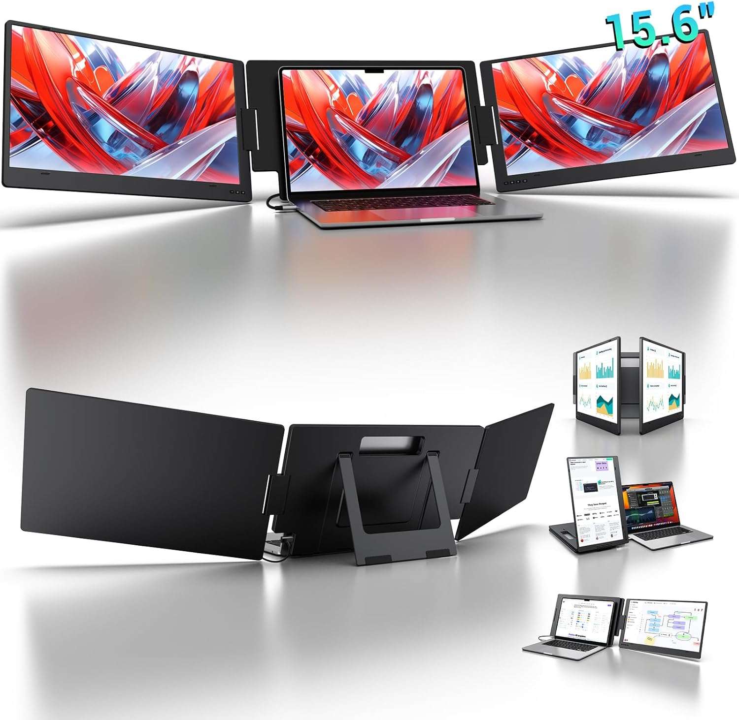 Monitor portatil de doble pantalla de aluminio de 15.6 pulgadas conectado a un notebook mediante un solo cable USB C.