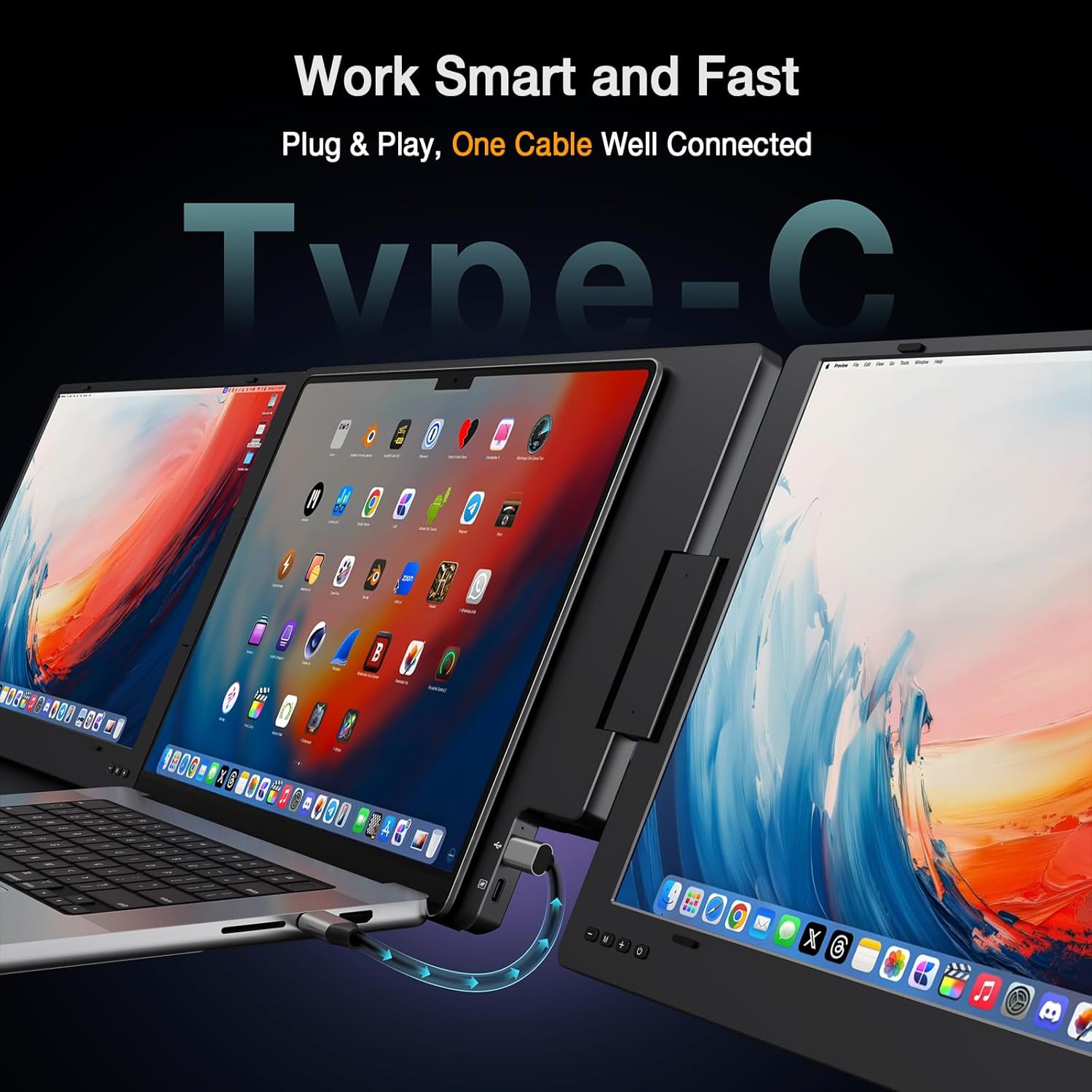 Monitor portatil de doble pantalla de aluminio de 15.6 pulgadas conectado a un notebook mediante un solo cable USB C.