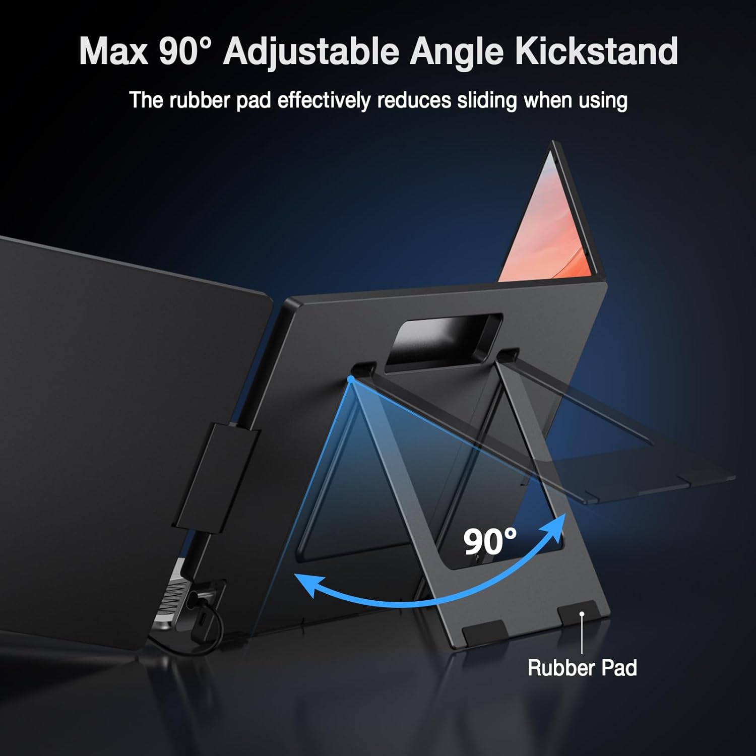 Monitor portatil de doble pantalla de aluminio de 15.6 pulgadas conectado a un notebook mediante un solo cable USB C.