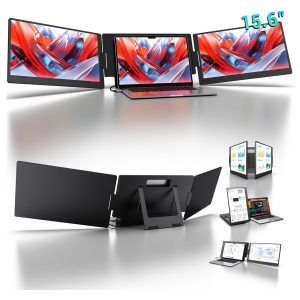 Monitor portatil de doble pantalla de aluminio de 15.6 pulgadas conectado a un notebook mediante un solo cable USB C.