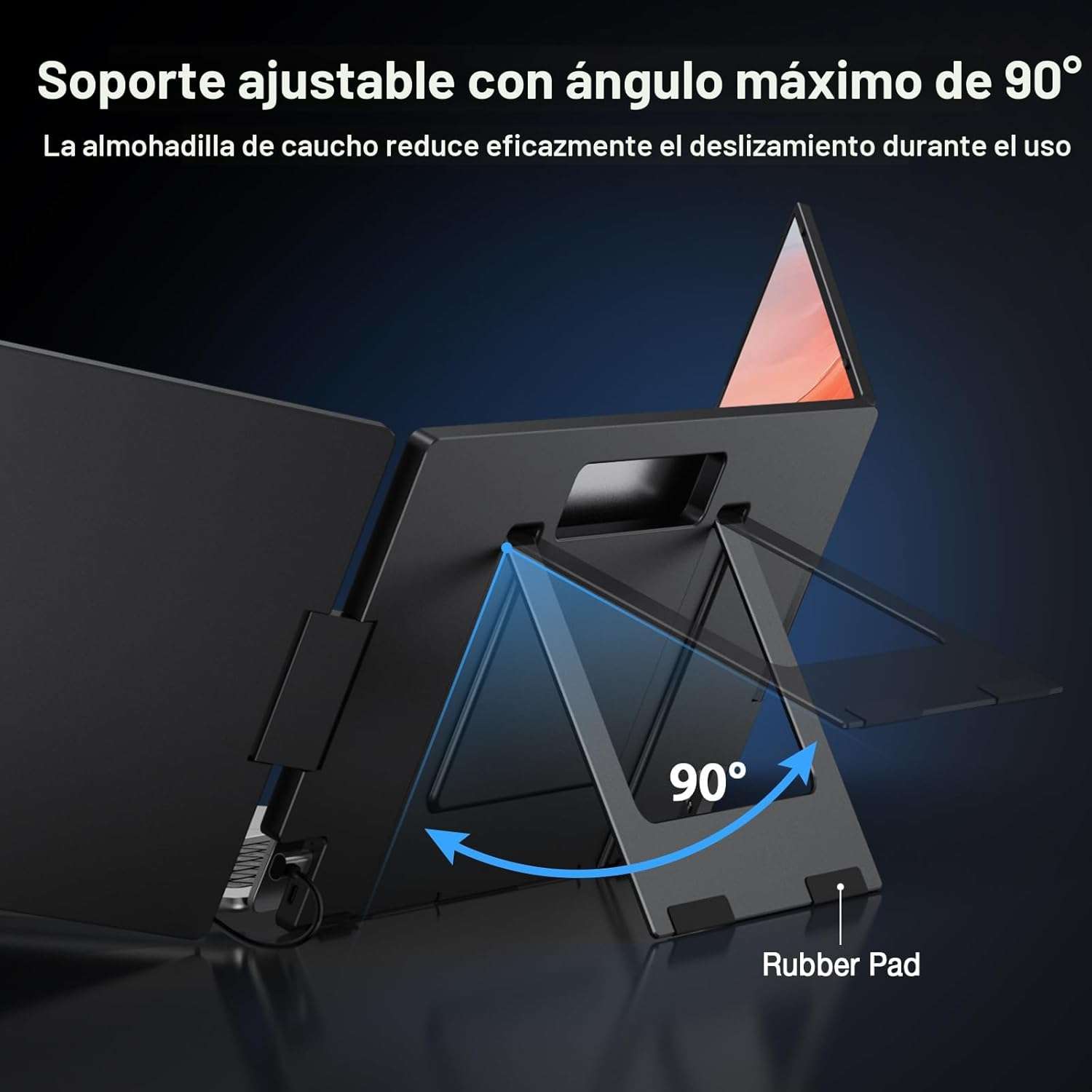 Monitor portatil de doble pantalla de aluminio de 15.6 pulgadas conectado a un notebook mediante un solo cable USB C.