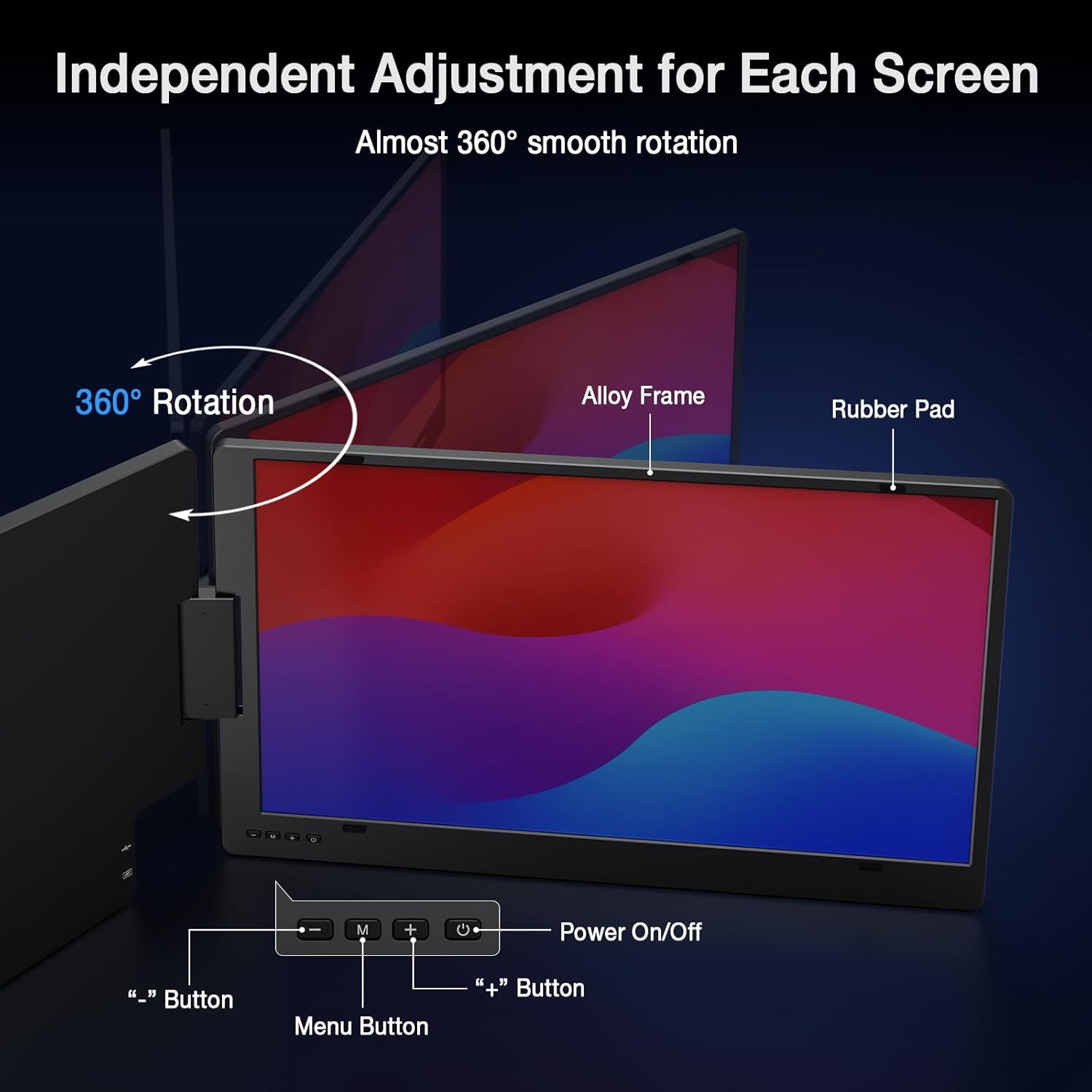 Monitor portatil de doble pantalla de aluminio de 15.6 pulgadas conectado a un notebook mediante un solo cable USB C.