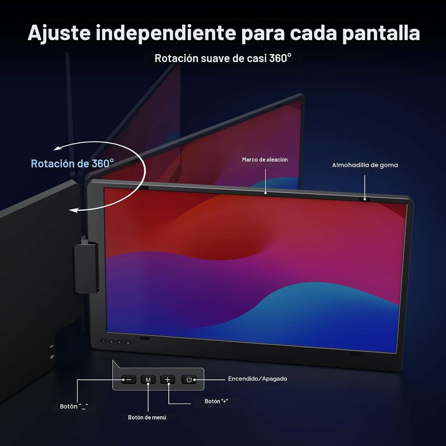 Monitor portatil de doble pantalla de aluminio de 15.6 pulgadas conectado a un notebook mediante un solo cable USB C.