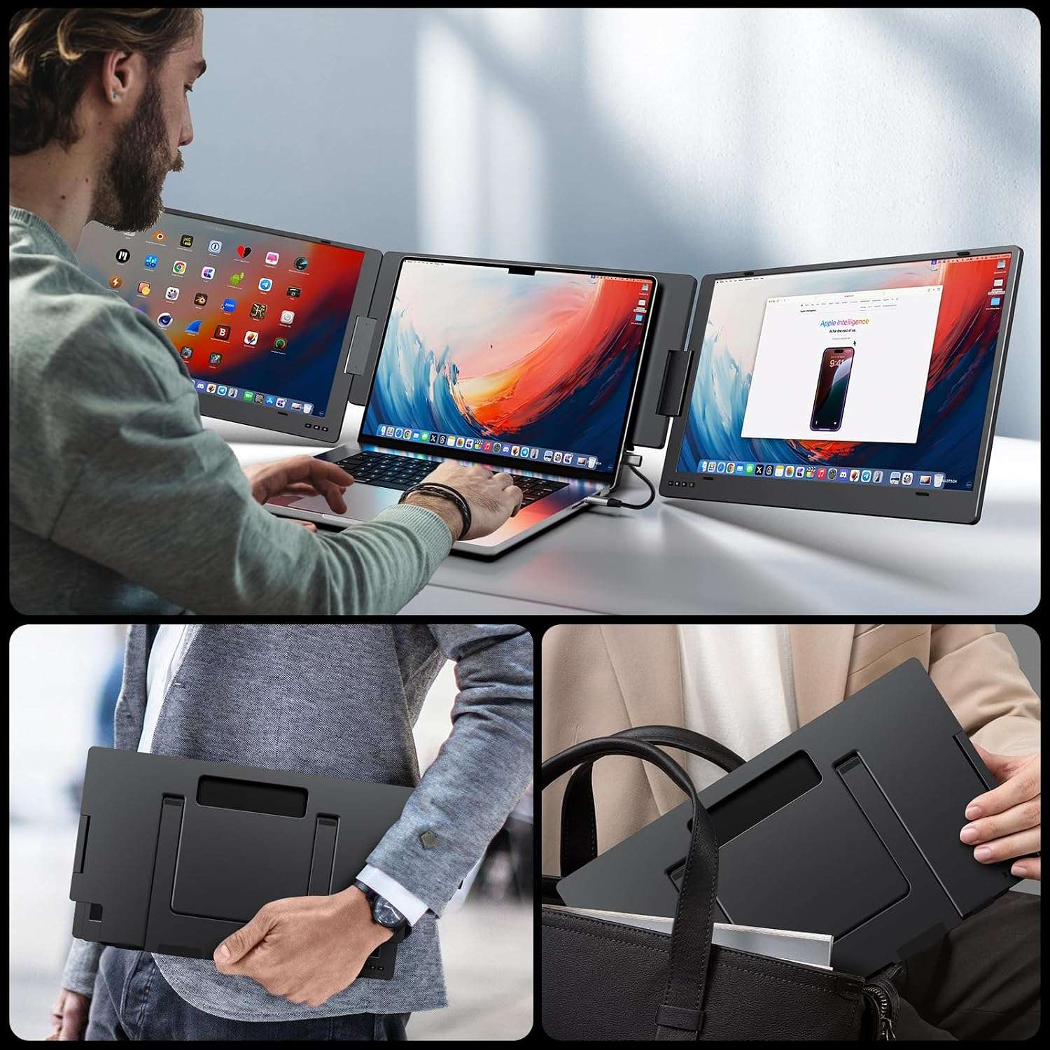 Monitor portatil de doble pantalla de aluminio de 15.6 pulgadas conectado a un notebook mediante un solo cable USB C.