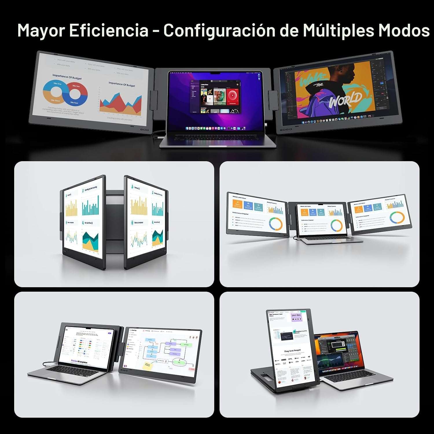 Monitor portatil de doble pantalla de aluminio de 15.6 pulgadas conectado a un notebook mediante un solo cable USB C.