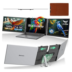 Monitor portatil doble pantalla de 15.6 pulgadas ultraliviano de aluminio conectado a un notebook.