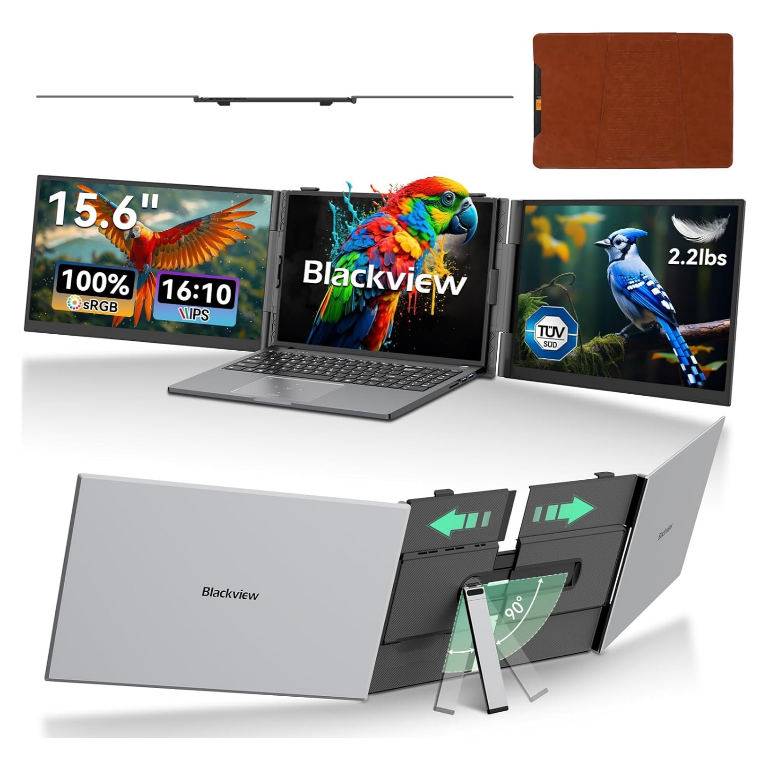 Monitor portatil doble pantalla de 15.6 pulgadas ultraliviano de aluminio conectado a un notebook.