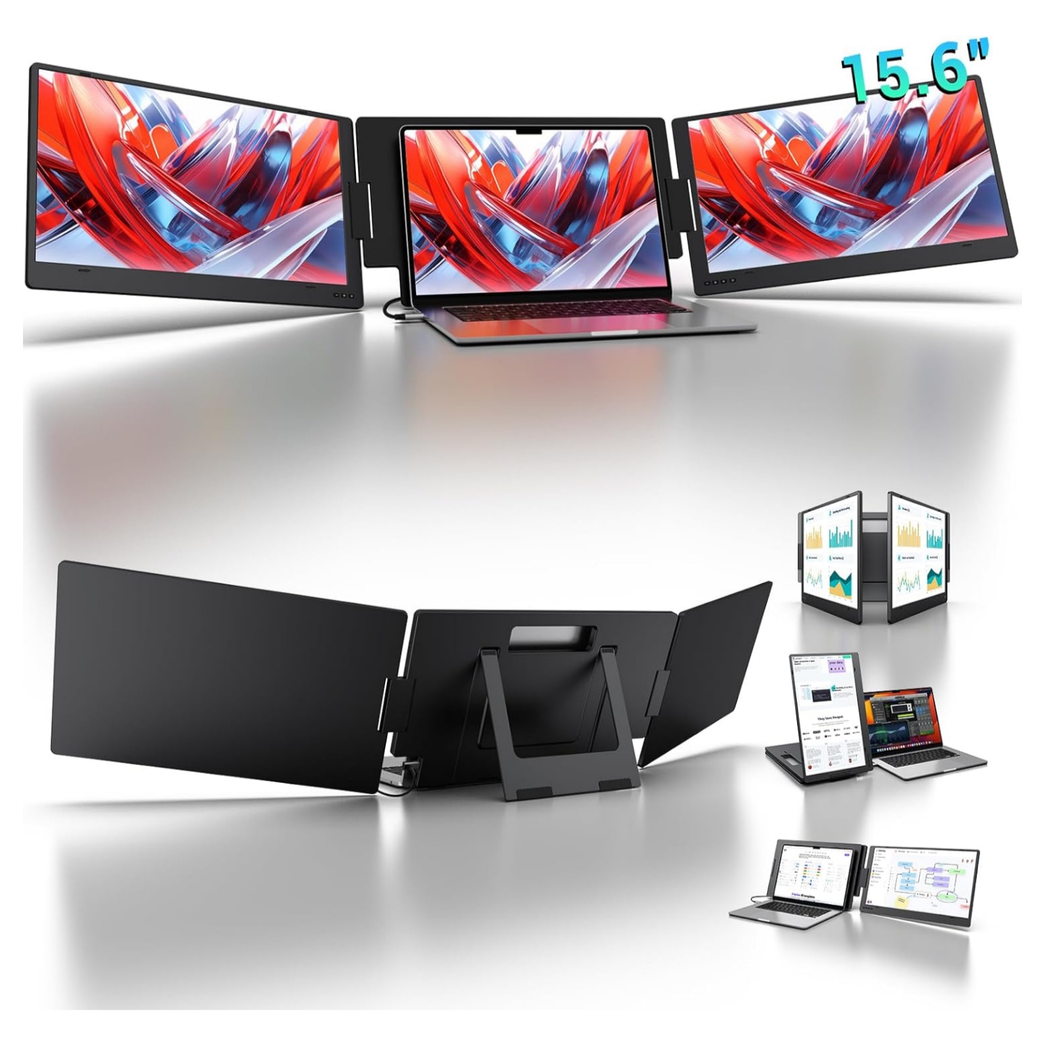 Monitor portatil de doble pantalla de aluminio de 15.6 pulgadas conectado a un notebook mediante un solo cable USB C.